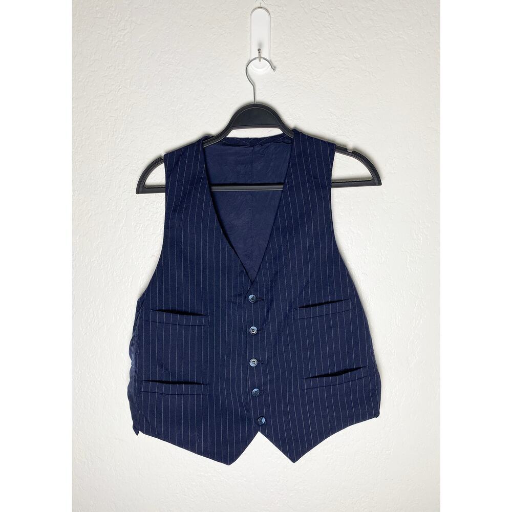 Men's Blue Pinstriped Vest 4‎ Front Pockets Lined Classic Neutral Minimalist